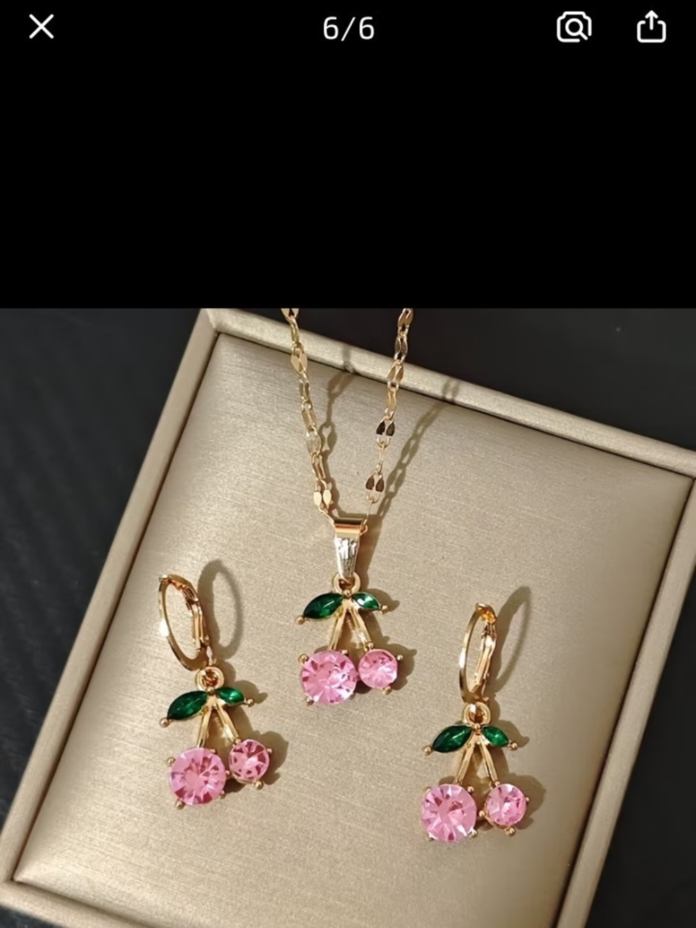 Gold Cherry Pendant Necklace & Earrings Set with Pink Crystal